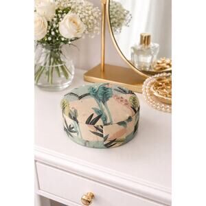 Vintage Floral Fabric Jewelry Box – Round Trinket Storage with Beaded Detail